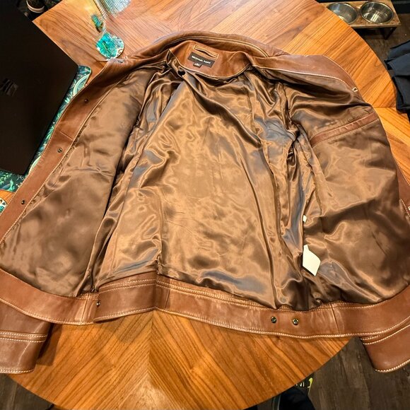 Michael Kors Leather Trucker /Jean Jacket Style Brown w. White stitching XL - Picture 4 of 5